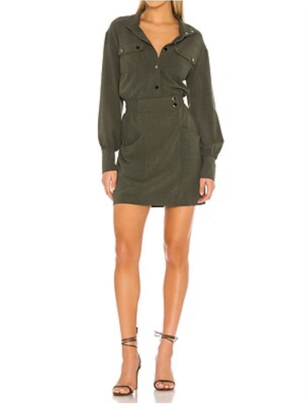 Line & Dot Poppy Olive Green Long Sleeve Button-Up Shirt Dress - XS